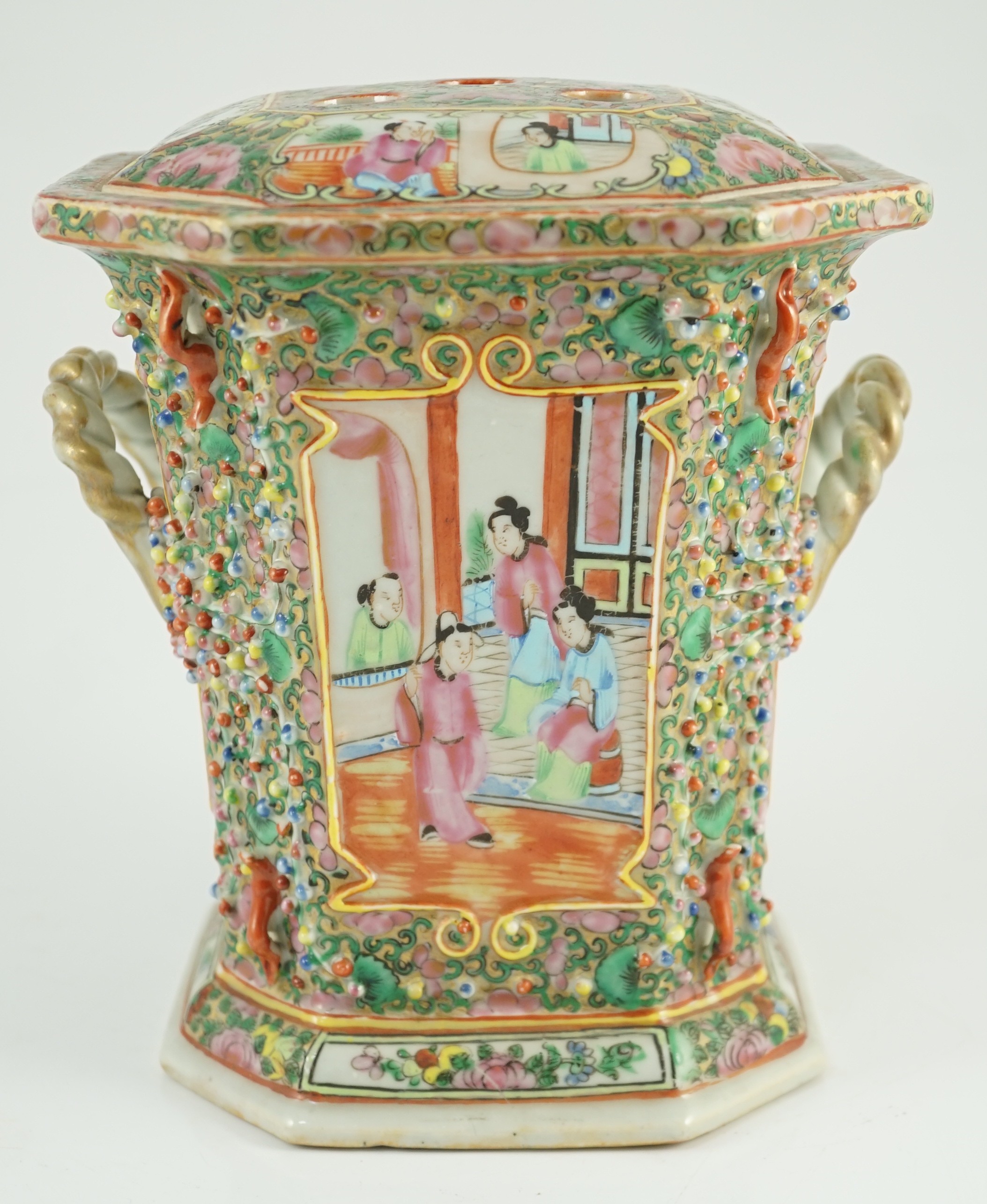 A Chinese Canton (Guangzhou) famille rose decorated bough pot and cover, c.1830, 22cm high, wear to gilding